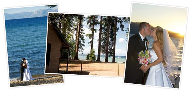 A collage of photos with trees and a lake in the background.