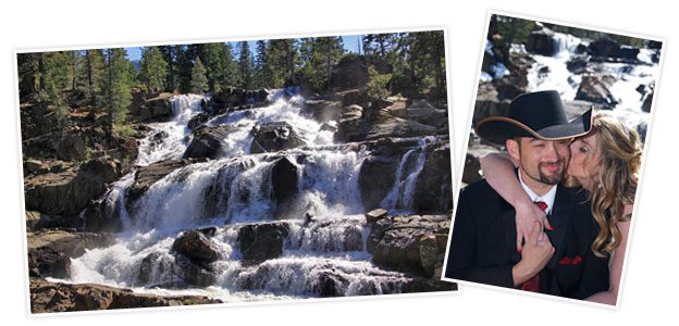 A man standing next to a waterfall with water pouring over it.