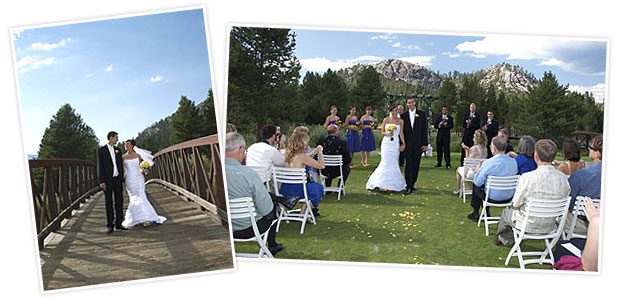 A couple walking across the bridge at their wedding.